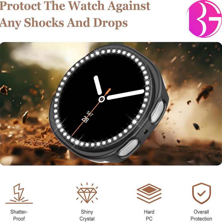 گارد نگین دار زنانه به همراه گلس شیشه ای مناسب ساعت سامسونگ گلکسی واچ هشت Galaxy Watch 8 44MM