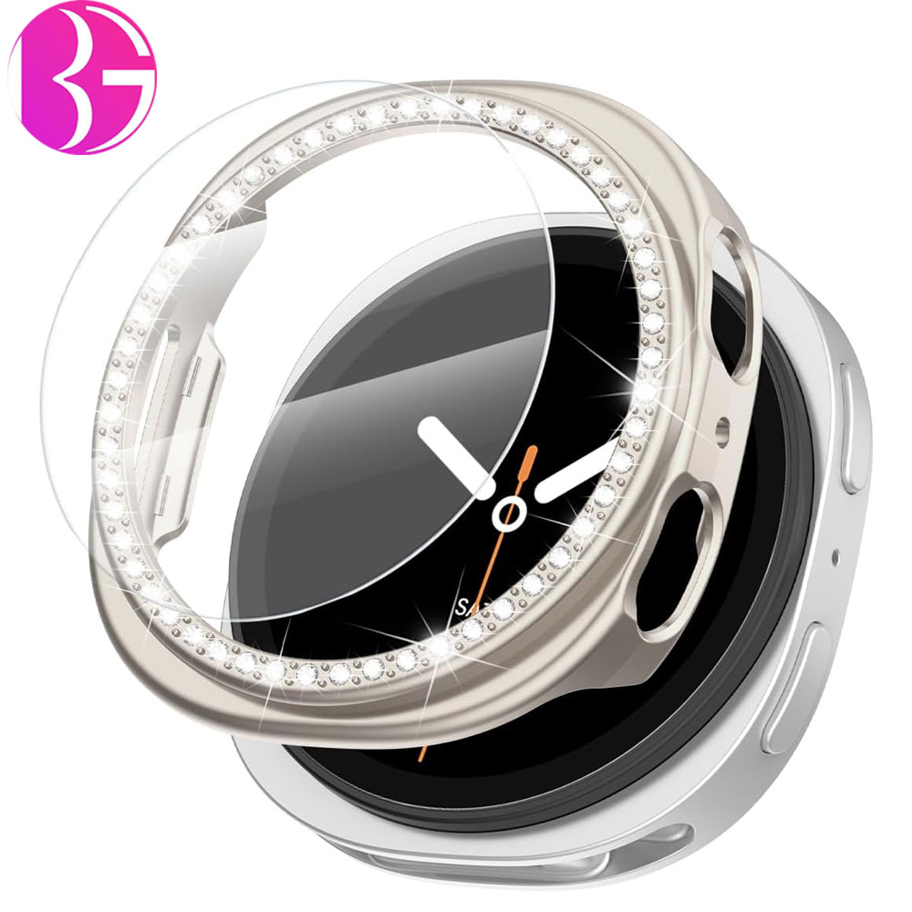 گارد نگین دار زنانه به همراه گلس شیشه ای مناسب ساعت سامسونگ گلکسی واچ هشت Galaxy Watch 8 44MM